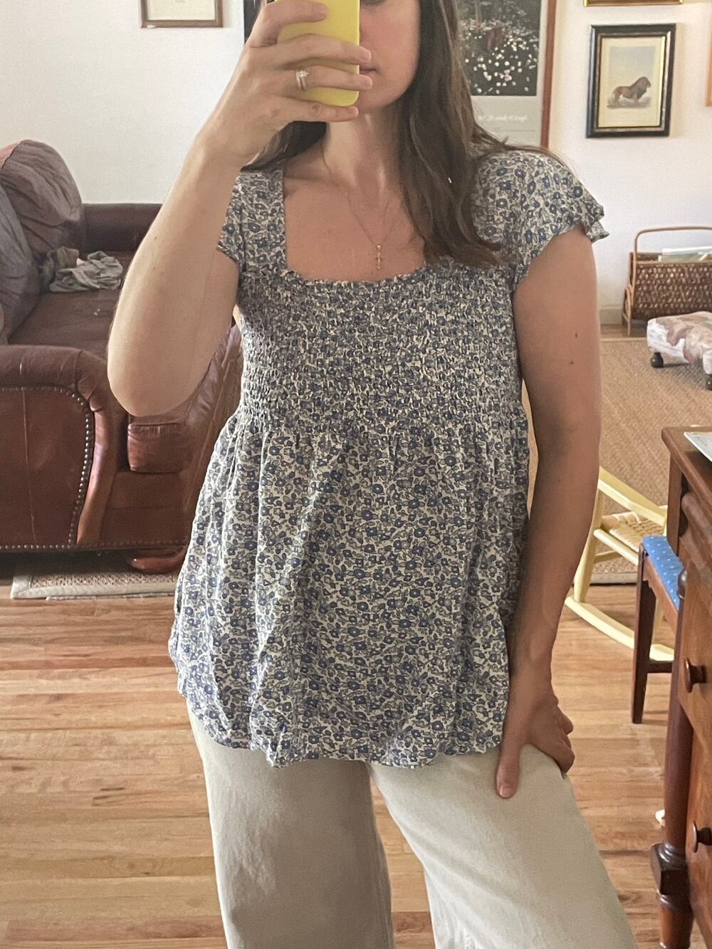 Floral Smocked Short Sleeve Maternity Top Size Medium